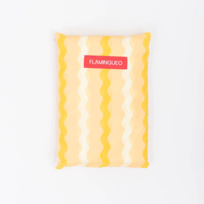 Yellow and white striped carrying pouch with a red 'FLAMINGUERO' label on a white background
