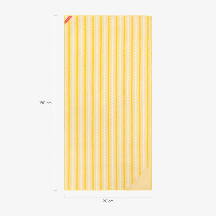 Yellow and white striped towel with dimensions listed on a white background