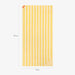 Yellow and white striped towel with dimensions listed on a white background