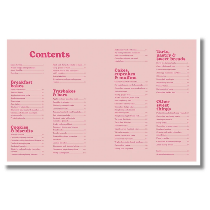 A pink printed menu or cookbook contents page with multiple columns of text listing dessert categories such as breakfast cakes, cookies & biscuits, traybakes & bars, cakes and cupcakes, tarts and sweet breads, and other sweet things.
