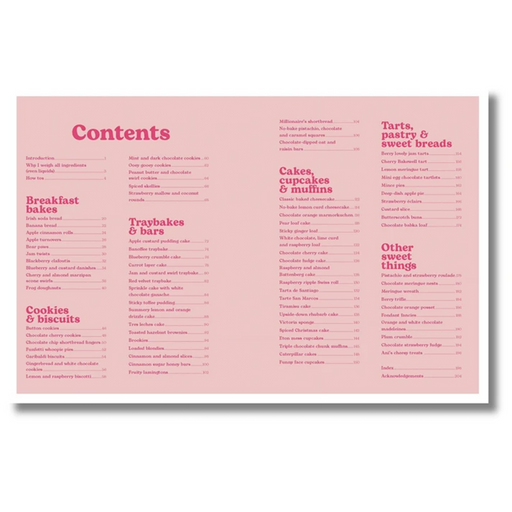 A pink printed menu or cookbook contents page with multiple columns of text listing dessert categories such as breakfast cakes, cookies & biscuits, traybakes & bars, cakes and cupcakes, tarts and sweet breads, and other sweet things.
