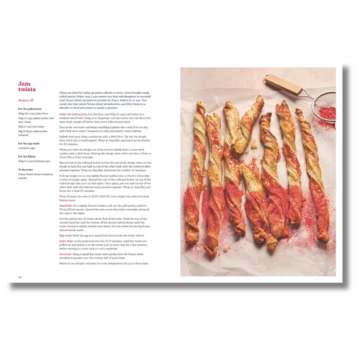 An open cookbook spread showing a recipe page for 'Jouen twists' with text on the left and a food photo on the right of twisted pastry strips dusted with red powder on parchment paper.