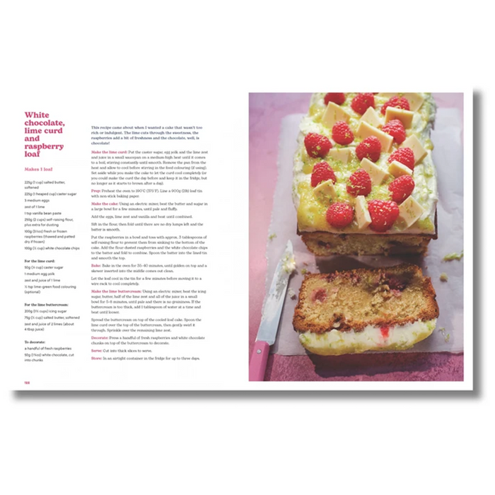 A printed recipe page showing preparation instructions and a color photo of a sliced chocolate cake topped with raspberries and cream on a pink surface.