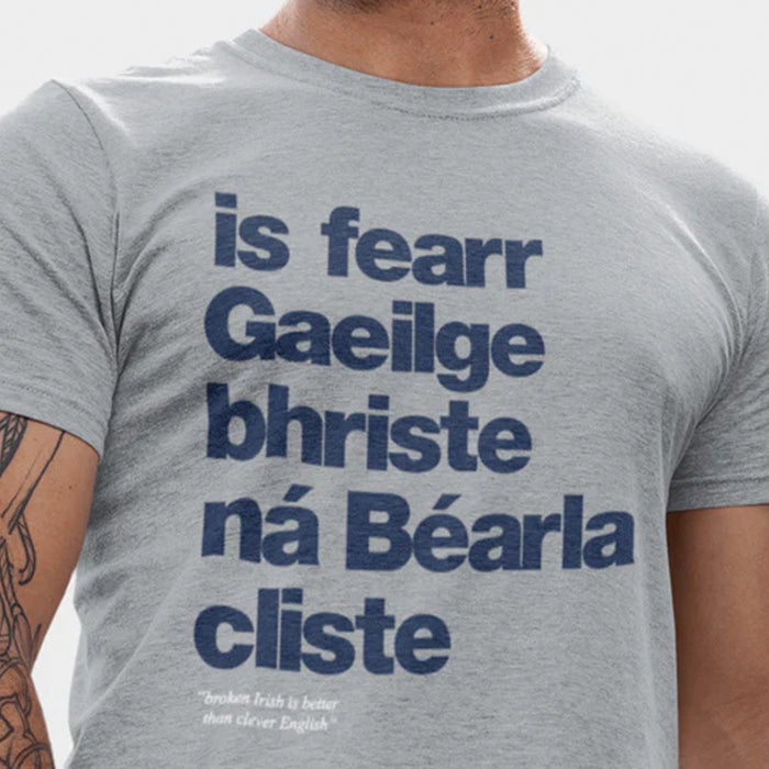 Gaeilge Bhriste Grey T-Shirt With Navy Print