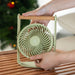 Person holding a small green fan on a wooden surface with a blurred Christmas tree in the background