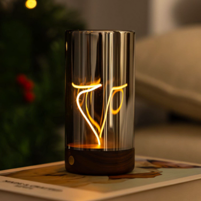 Decorative lamp with warm glow of light on a surface with a blurred background