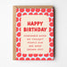 Birthday card with red text and patterned design on a white background