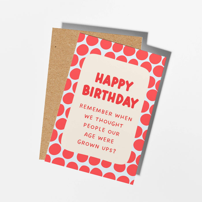 Birthday card with red polka dots and text on a white background