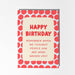 Birthday card with red text and patterned border on a light gray background