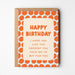 Birthday card with orange polka dot pattern and humorous text on a white background