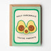 Card with avocado illustration and text on a white background