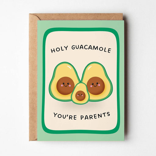 Card with avocado illustration and text on a white background