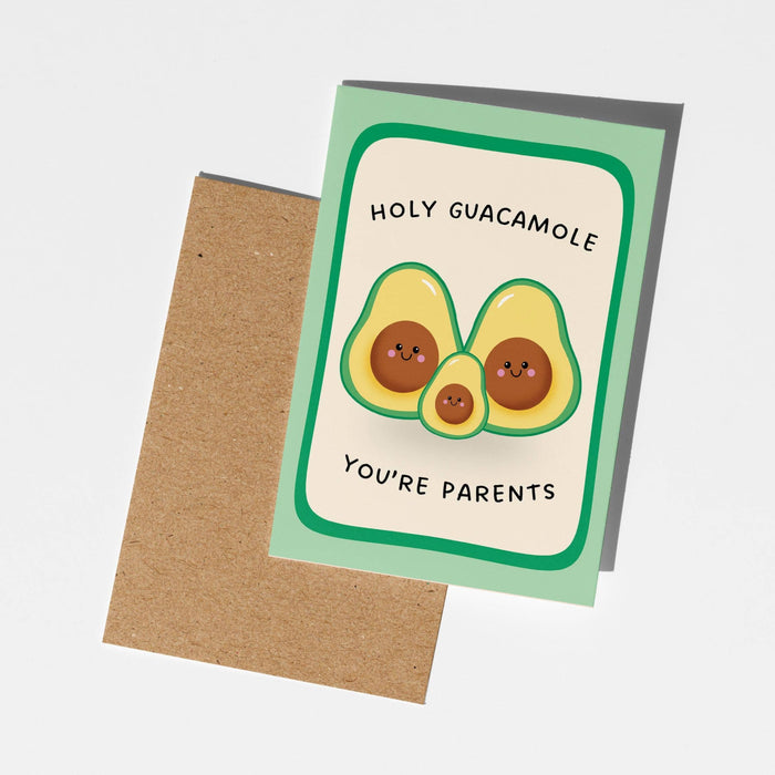 Card with avocado illustration and text 'Holy Guacamole You're Parents' on a white background