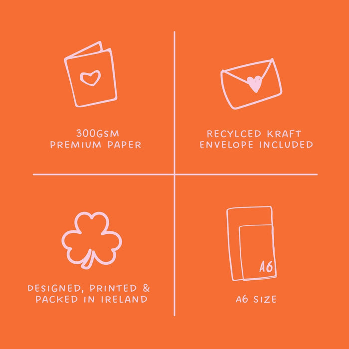 Orange background with white icons and text detailing paper and envelope specifications.