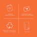 Orange background with white icons and text detailing paper and envelope specifications.