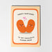 A cute birthday card featuring two smiling orange human beans with small pink hearts above them. The text reads 'HAPPY BIRTHDAY TO MY FAVOURITE HUMAN BEAN'.