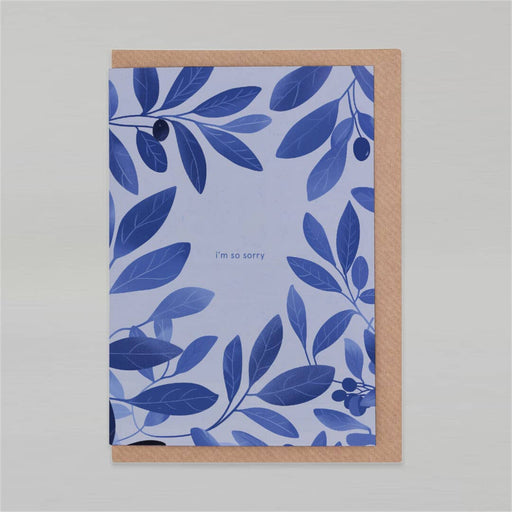Greeting card with blue leaf pattern and 'I'm so sorry' text on a light gray background