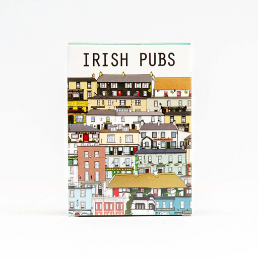 A pack of playing cards titled 'IRISH PUBS' with a colorful hand-drawn illustration of clustered pubs and buildings on the cover, photographed against a clean white background.