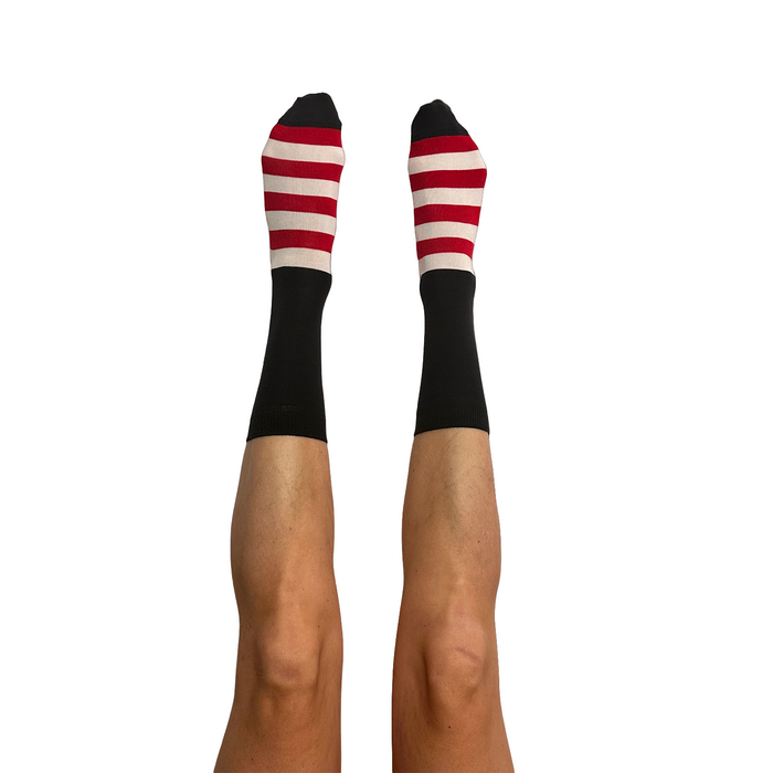 Striped socks with red, white, and black on a white background