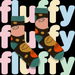 A pair of dark brown socks with a colorful cartoon pattern of smiling faces and dots, displayed against a black background with pastel-colored letters spelling 'fluffy'.