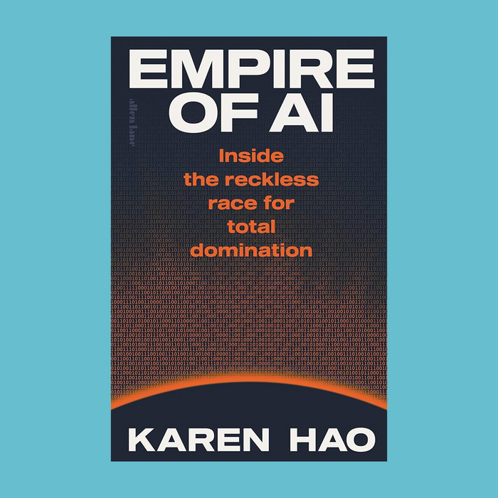 Book cover for 'Empire of AI' by Karen Hao, featuring a dark navy-to-orange gradient background with white and orange text, centered on a light blue background.