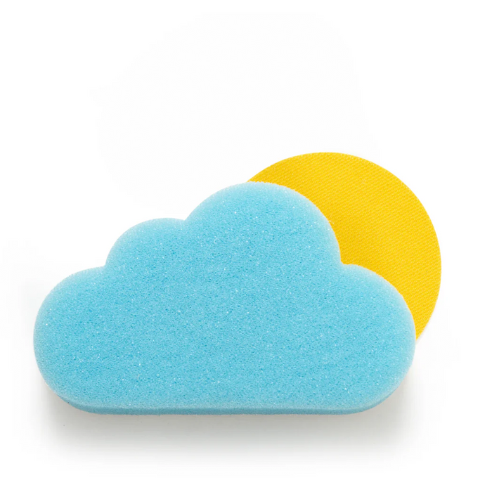 Blue cloud-shaped sponge with a yellow circle on a white background