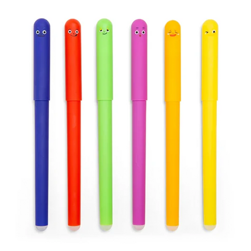 Six colorful novelty pens with cartoon faces on the caps, arranged in a row against a plain white background.