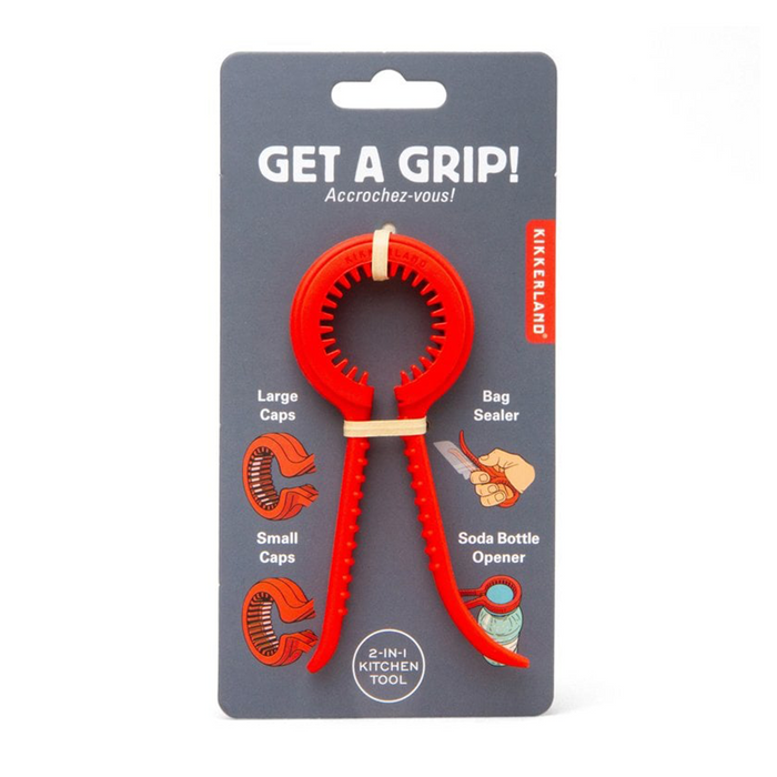 A red silicone kitchen grip tool on a gray retail card with the headline 'GET A GRIP!' and usage examples including large and small caps, a bag sealer, and a soda bottle opener.