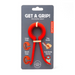 A red silicone kitchen grip tool on a gray retail card with the headline 'GET A GRIP!' and usage examples including large and small caps, a bag sealer, and a soda bottle opener.