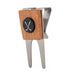 Steel and wood golf money clip against a white background.