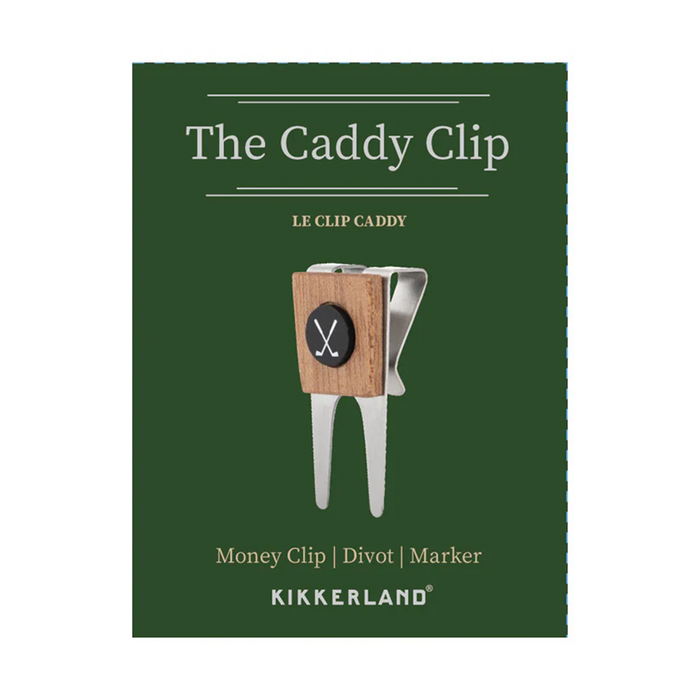 Green packaging with "The Caddy Clip" text and image of money clip against a white background.