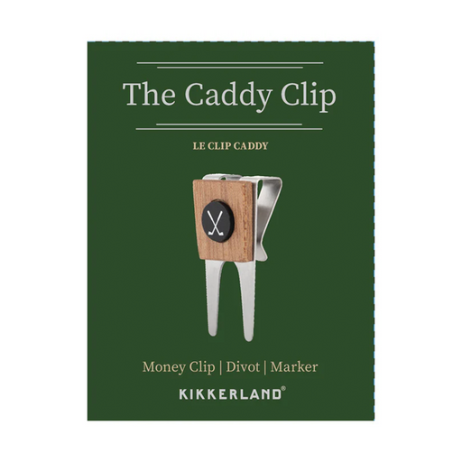 Green packaging with "The Caddy Clip" text and image of money clip against a white background.