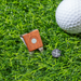 Golf divet tool, ball marker, and golf ball on grass surface.