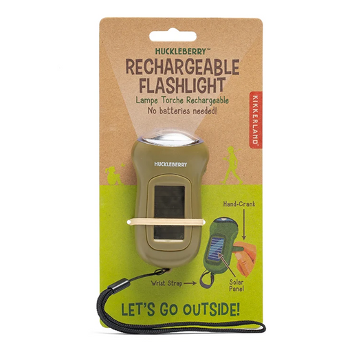 Huckleberry rechargeable flashlight in olive green, mounted on its original retail blister card packaging. The packaging features a brown top half and a lime green bottom half with product details, illustrations, and a black wrist strap.
