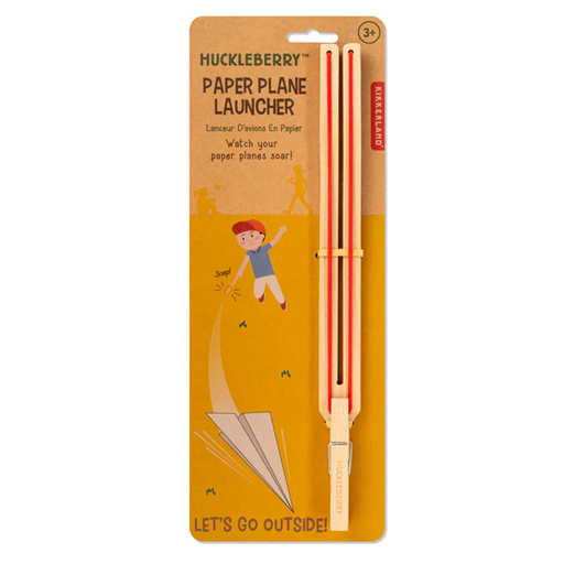 Huckleberry paper plane launcher packaging with a child illustration on a white background
