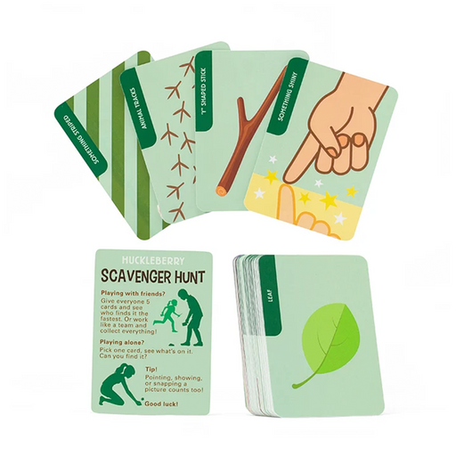 A set of illustrated cards for a scavenger hunt game, including a main 'Huckleberry Scavenger Hunt' card, a stack of cards, and several example cards fanned out behind it on a white background.