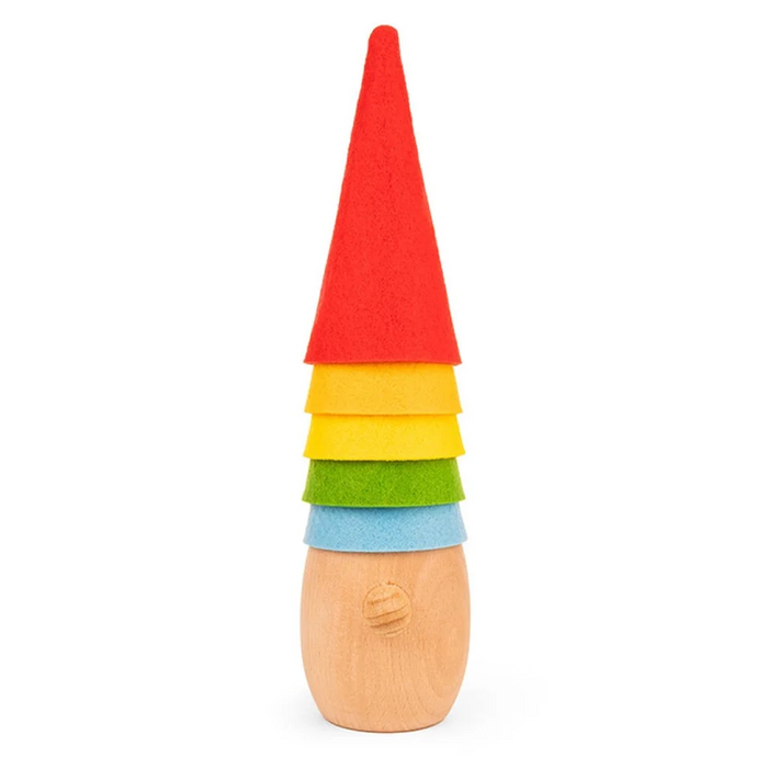 Colorful stack of felt hats on a wooden gnome with a white background