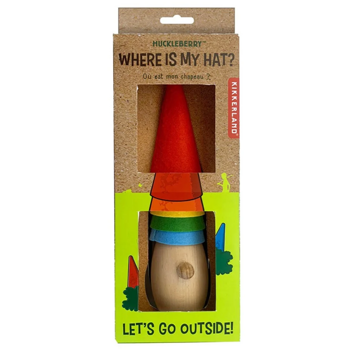 Colorful wooden stacking toy with packaging featuring 'Huckleberry' branding.
