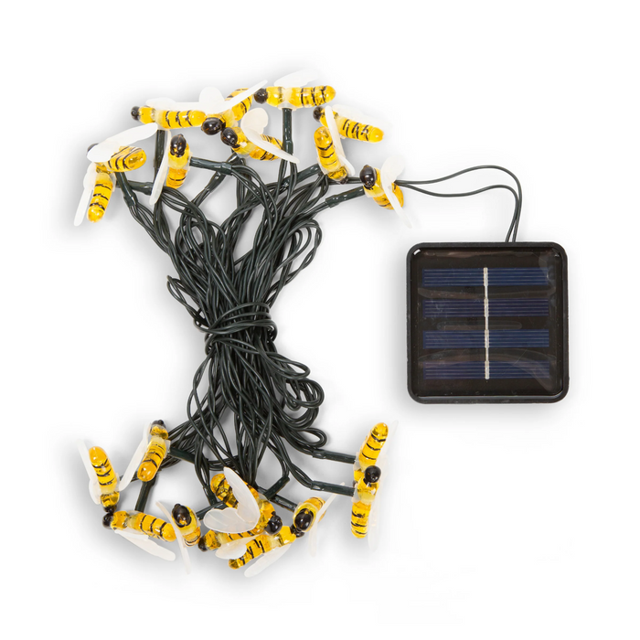 Solar-powered bee string lights with a solar panel on a white background