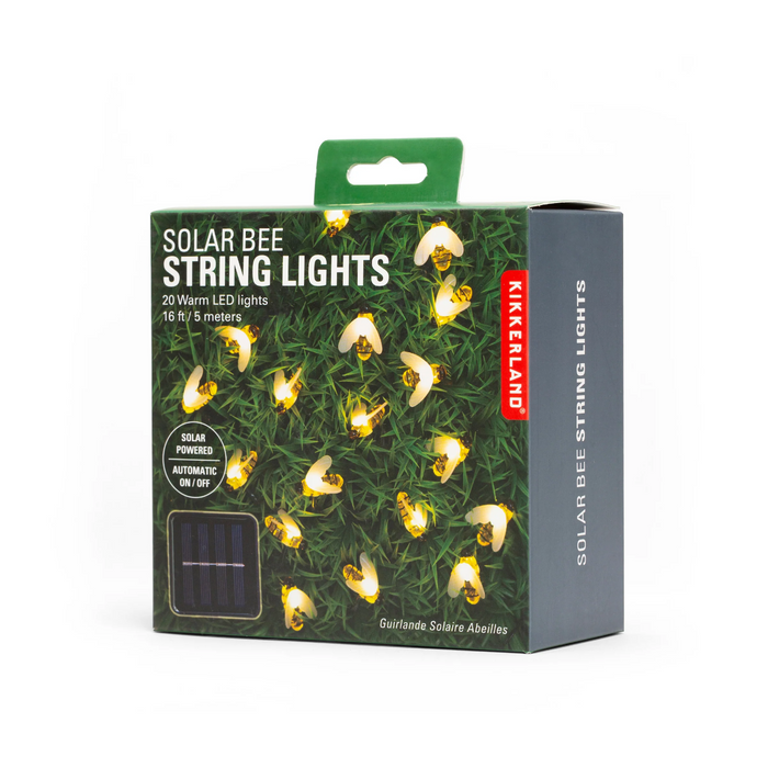Box of Solar Bee String Lights with bee illustrations on a white background