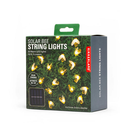 Box of Solar Bee String Lights with bee illustrations on a white background