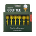 Green box of six yellow trophy shaped golf tees in front of white background.
