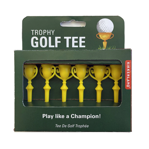 Green box of six yellow trophy shaped golf tees in front of white background.