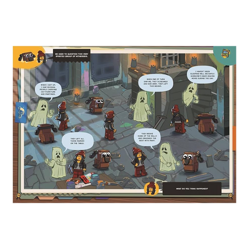A square printed comic-style art print featuring cartoon LEGO minifigures in a dark, ruined interior scene with speech bubbles and decorative border elements.