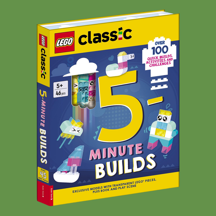LEGO Classic 5-Minute Builds activity book and play set shown as a 3D product mockup on a solid green background. The book cover features a bright yellow top and bottom border with a dark blue center, decorated with colorful LEGO Classic-themed illustrations.