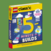 LEGO Classic 5-Minute Builds activity book and play set shown as a 3D product mockup on a solid green background. The book cover features a bright yellow top and bottom border with a dark blue center, decorated with colorful LEGO Classic-themed illustrations.