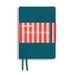 A hardcover notebook with a teal blue cover, a red and white striped paper band across the middle, and white text reading 'LEUCHTTURM1917' and 'COVERED IN SUNSHINE'. A matching teal ribbon bookmark hangs from the bottom on a white background.