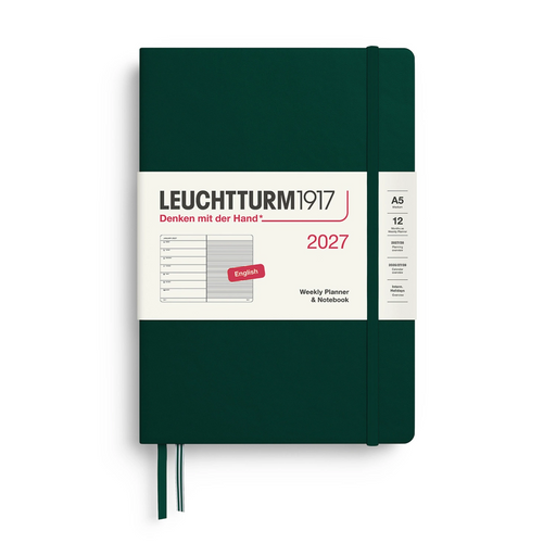 Leuchtturm1917 2027 weekly planner notebook in dark forest green with a white paper band around the middle, shown on a white background.