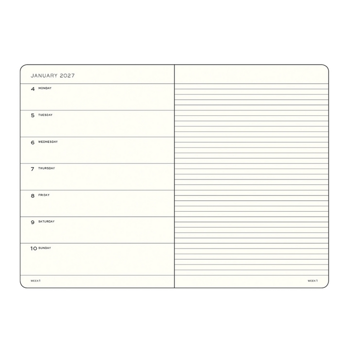 A weekly planner page from January 2027 with columns for Monday through Sunday and blank writing lines, shown on a plain white background.
