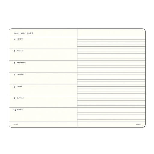 A weekly planner page from January 2027 with columns for Monday through Sunday and blank writing lines, shown on a plain white background.